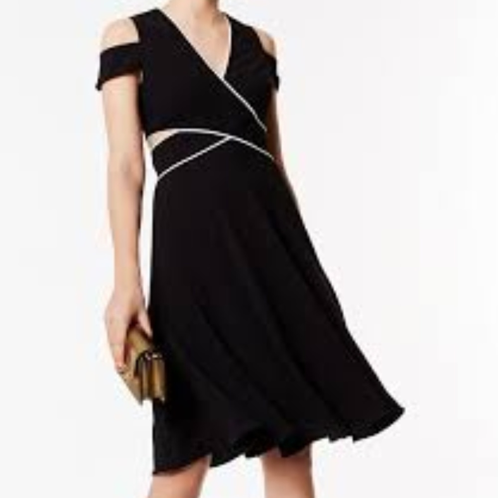 Karen Millen Black Piped Cold Shoulder Midi Dress